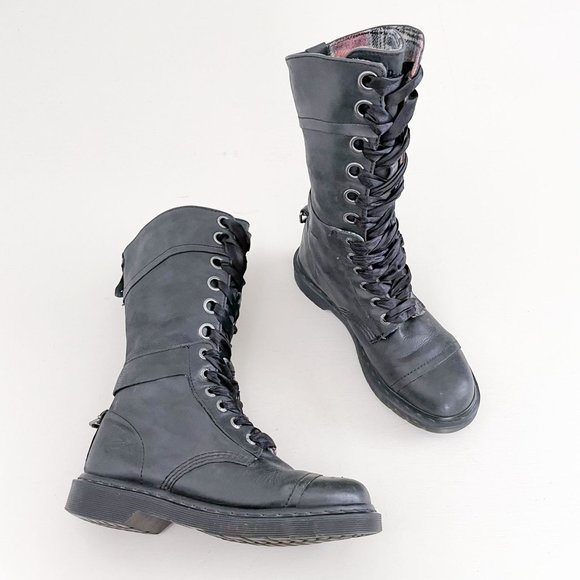 Dr. Martens Shoes - Dr. Martens Grey Leather Triumph Tall Lace Up Fold Over Boot Pink Plaid Size 9